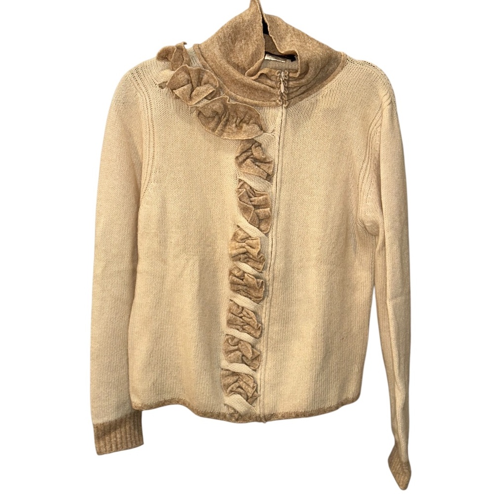 D. Exterior Italy Vintage neutral ruffle trim zip up cardigan cashmere sweater M